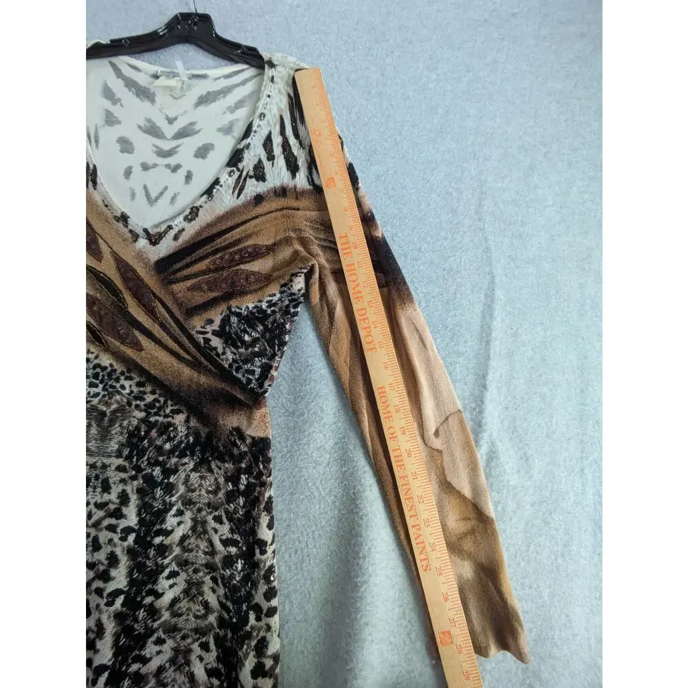 Alberto Makali Animal Print Top Women's Large Beaded Long Sleeves Art Blouse‎
